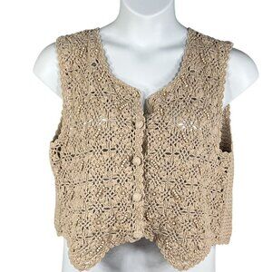 Hunt Club Womans 16W Crochet Beaded Knit Beige Button-Up Vest Cottagecore Top